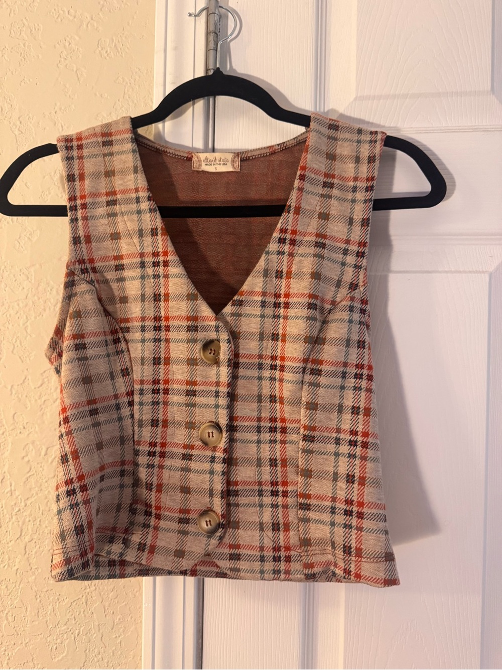 Altar’d State Plaid Button-Front Vest in Beige and Rust